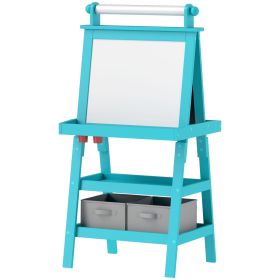 Qaba Double Sided Easel for Kids, Standing Toddler Easel with Paper Roll, Magnetic Whiteboard, Chalkboard & Storage, Blue