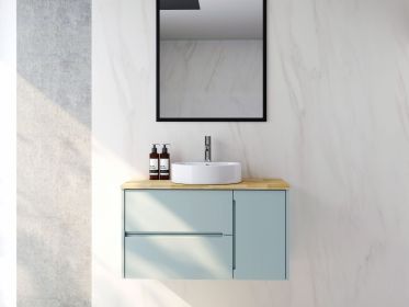 36-Inch Double Drawer + Single Door Wall-Mounted Bathroom Vanity .Blue Cabinet + Solid Wood Natural Top