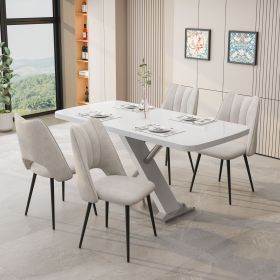 5-Piece Dining Table and Chair Set, Including 4 Beige Chairs and a Retractable Dining Table in White, Suitable For 4 to 6 People's Dining Tables