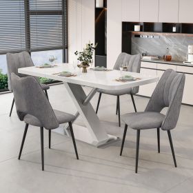 5-Piece Dining Table and Chair Set, Including 4 Grey Chairs and a Retractable Dining Table in White, Suitable For 4 to 6 People's Dining Tables