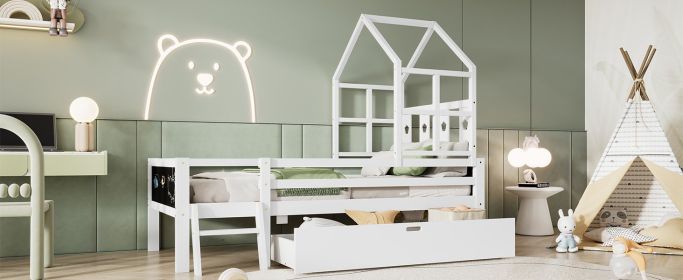 Twin Size House Bed with Ladder and Storage Drawers for Kid Bedroom,Solid Wood Platfrom Bedframe with 2 Blackboard Design, No Box Spring Needed,