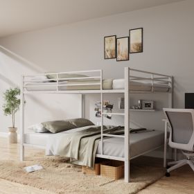 Full Over Full Bunk Bed, Heavy Duty Metal Bunk Bed Frame with Built-in Ladder and Safety Guard Rail, Low Metal Bunk Bed Frame for Kids (Main Color: White, Main Material: Iron)