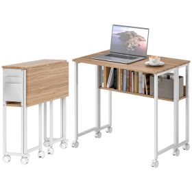 Folding Computer Desk, With Storage Bag, Shelf And Wheels, Home Office Accessories, Natural Wood (Option: Natural Wood)